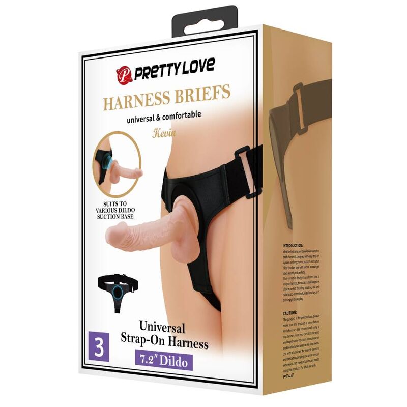 PRETTY LOVE - Σλιπ με ζώνη ασφαλείας Universal Harness με δονητή KEVIN 19 cm Natural