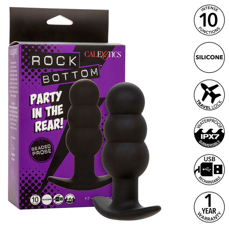 CALEXOTICS - Πρωκτικό πώμα με χάντρες Rock Bottom, 10 τεμάχια, σιλικόνης με δονήσεις, μαύρο