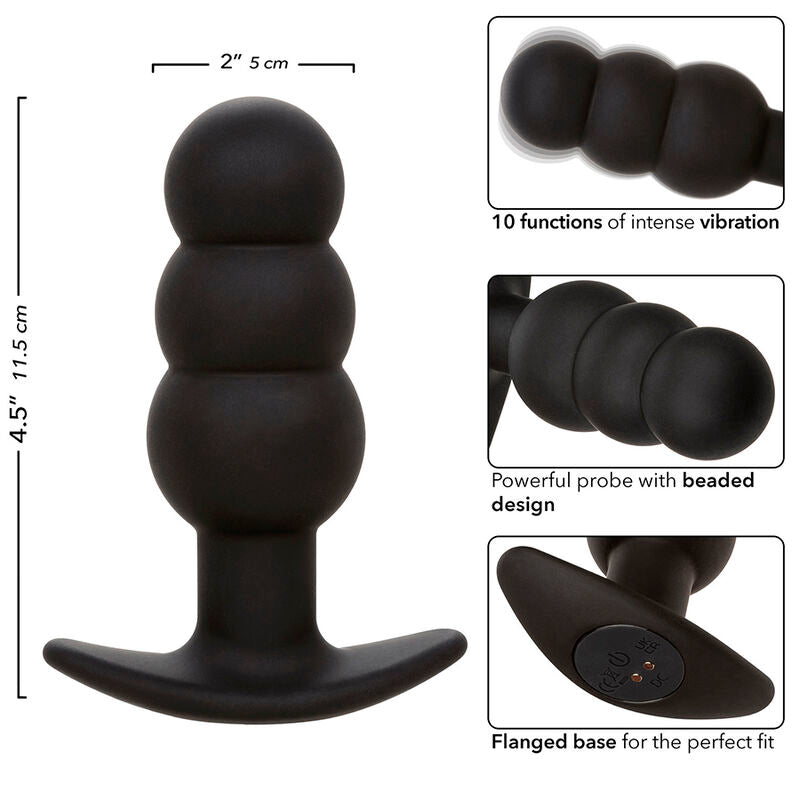 CALEXOTICS - Πρωκτικό πώμα με χάντρες Rock Bottom, 10 τεμάχια, σιλικόνης με δονήσεις, μαύρο