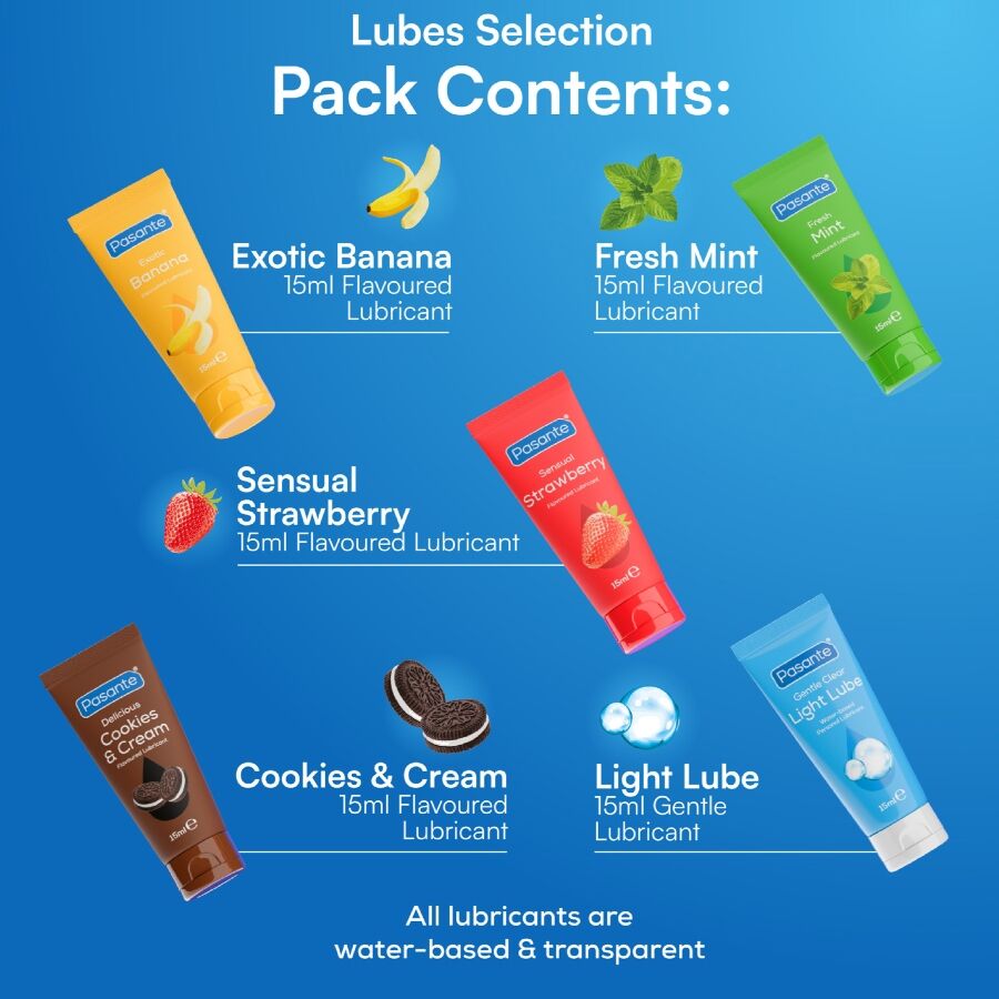 PASANTE - PACK ASSORTED FLAVOR LUBRICANTS 5 UNITS X 15 ML